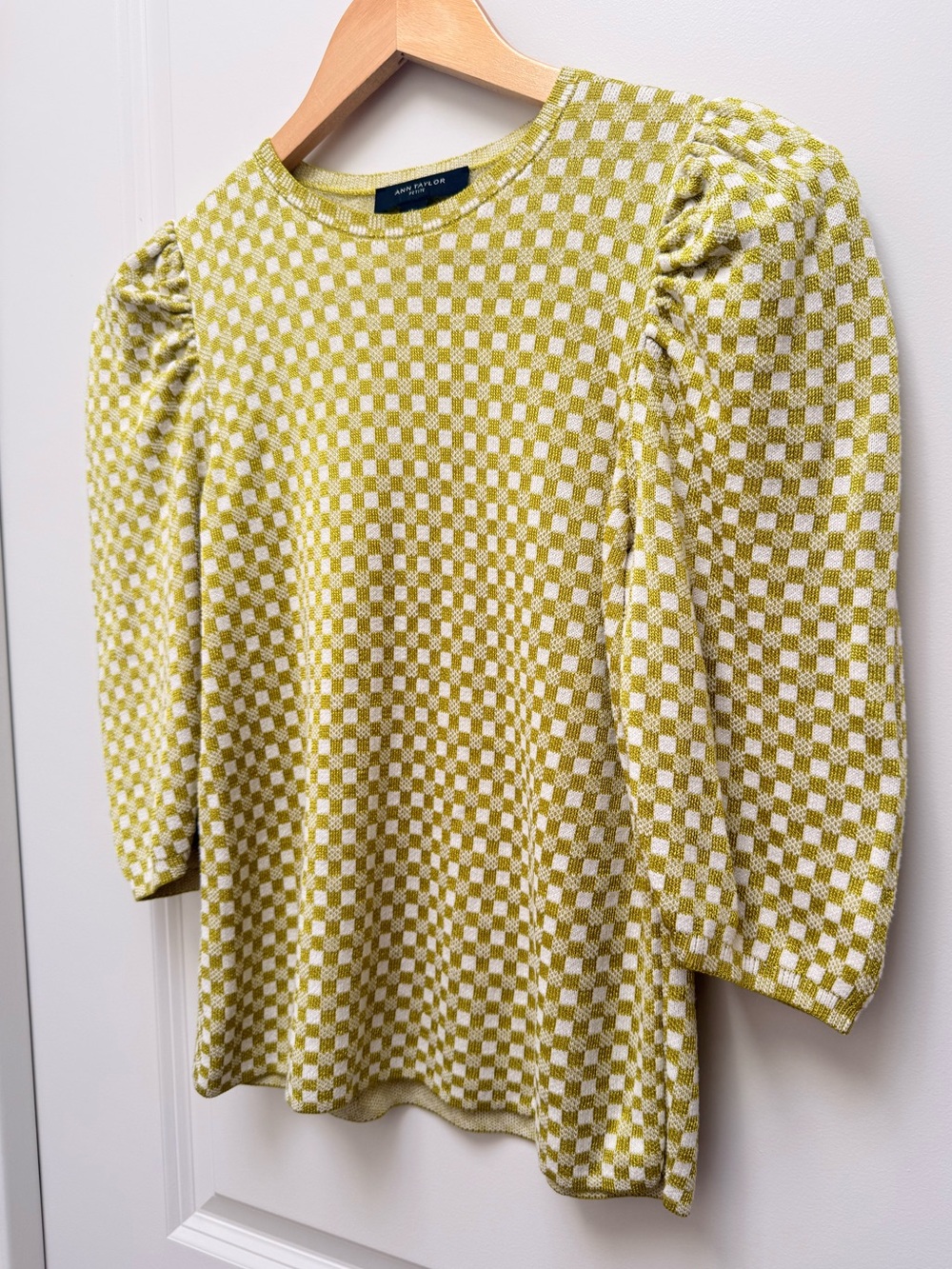 Ann Taylor Petite Chartreuse Puff Sleeve Check Sweater Size SP - Picture 4 of 11